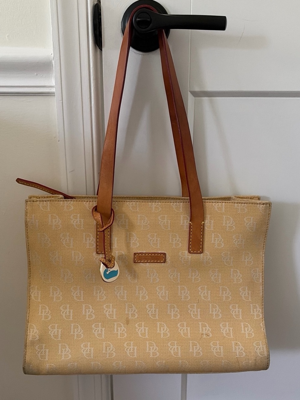 Beige Tote Bag with Tan Leather Straps